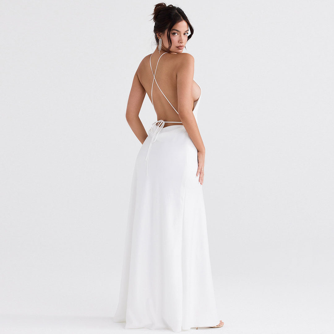 Satin Halter Neck Backless High Slit Maxi Dress 3