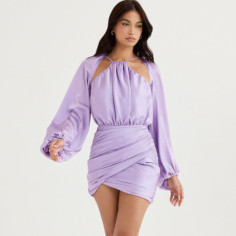 Satin Halter Bishop Sleeve Ruched Backless Mini Dress 2