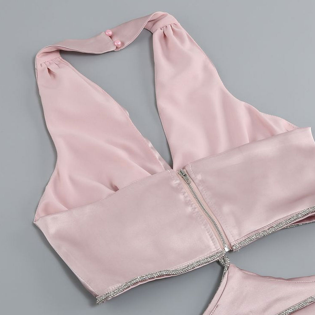 Glossy Satin Ruched Halter V Neck Sleeveless Crystal CutOut Mini Party Dress