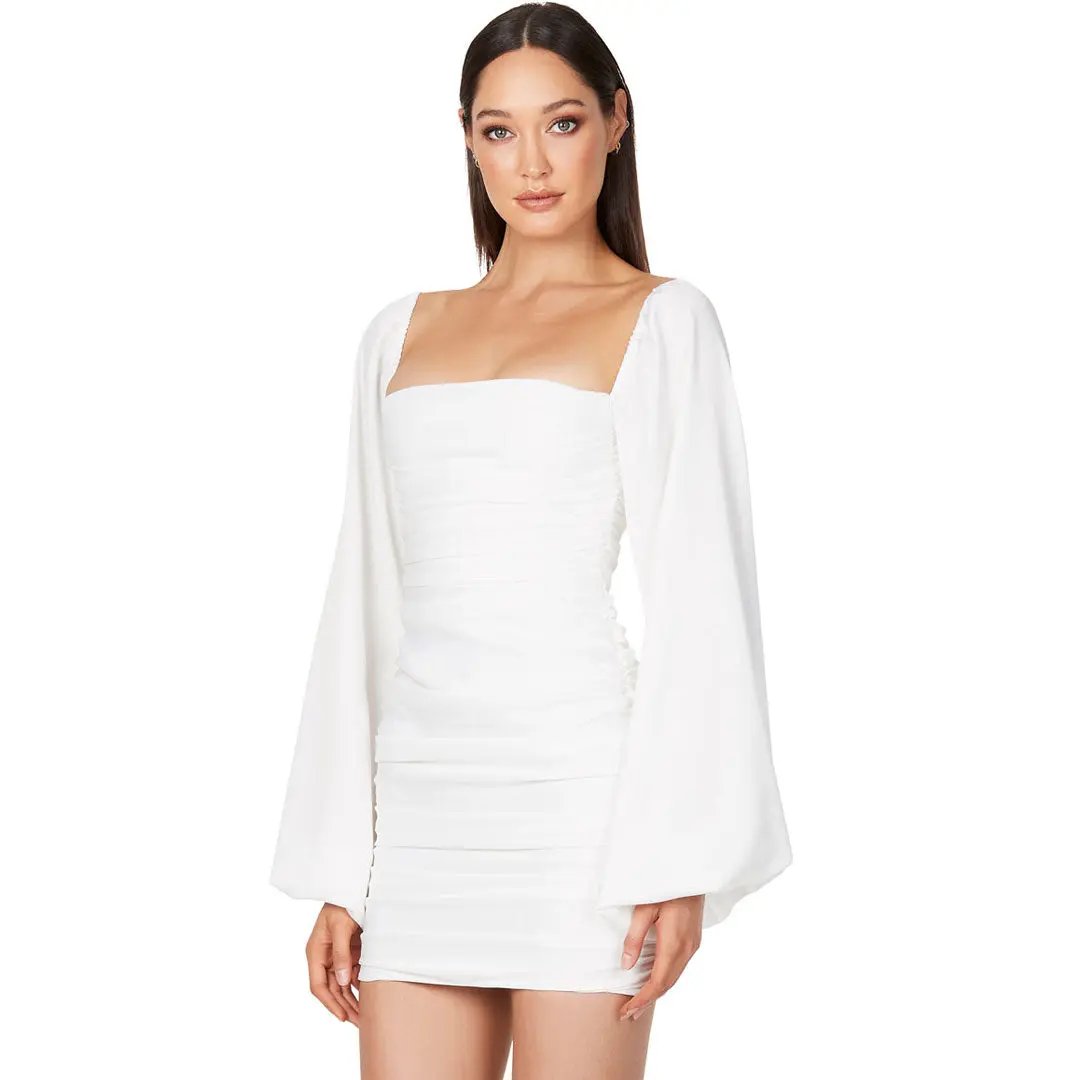 Glossy Satin Square Neck Bishop Sleeve Ruched Bodycon Mini Dress - White Fashionpara