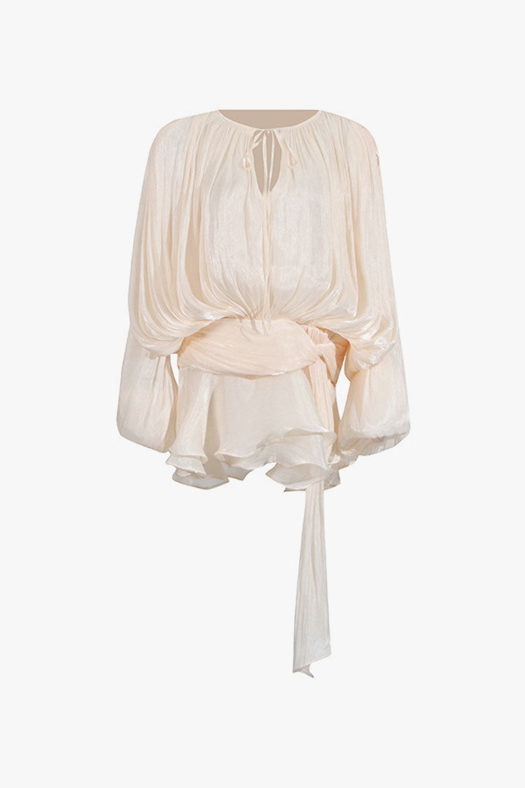 Glossy Tie Neck Pleated Lantern Sleeve Drop Waist Vacation Micro Mini Dress