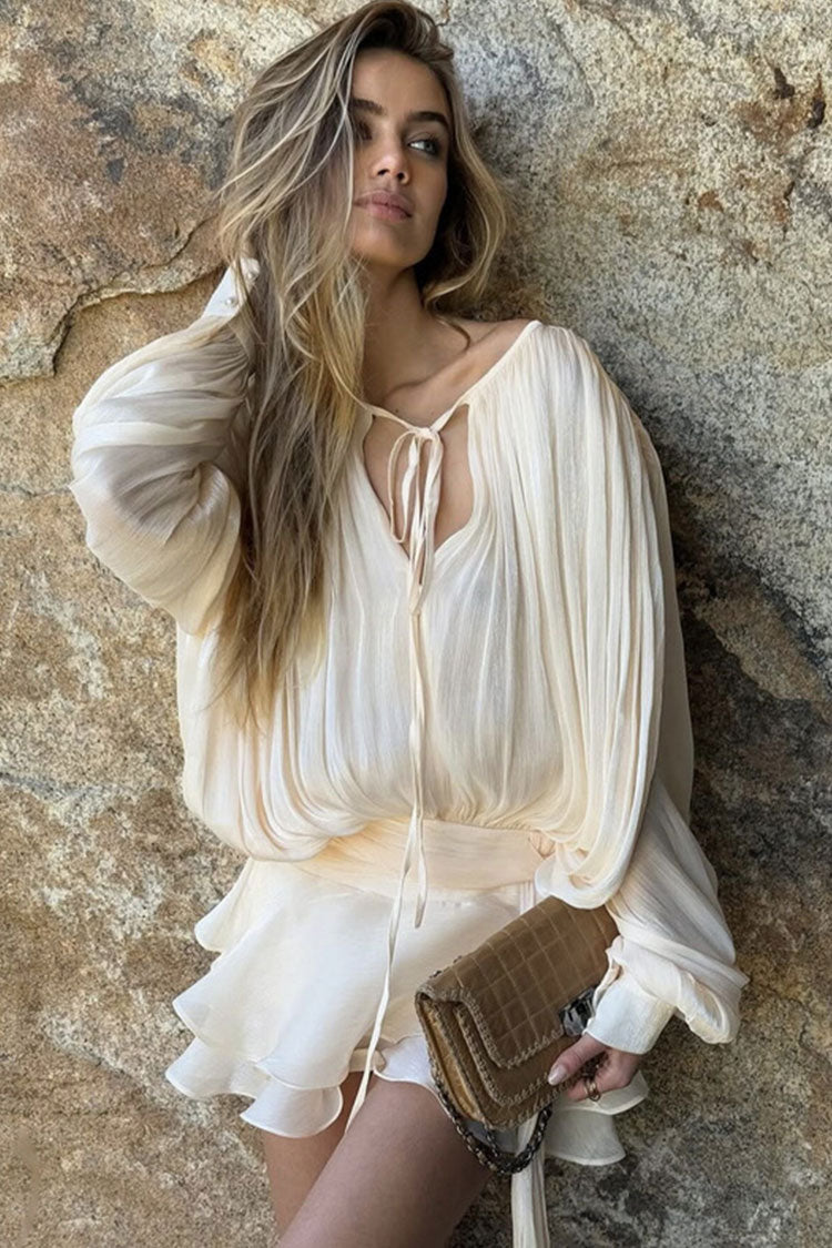 Glossy Tie Neck Pleated Lantern Sleeve Drop Waist Vacation Micro Mini Dress