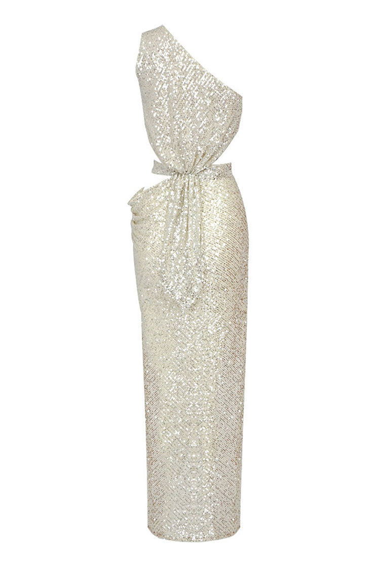 Goddess One Shoulder Draped High Waist Cutout Split Sequin Cocktail Party Midi Dress - Fashionpara