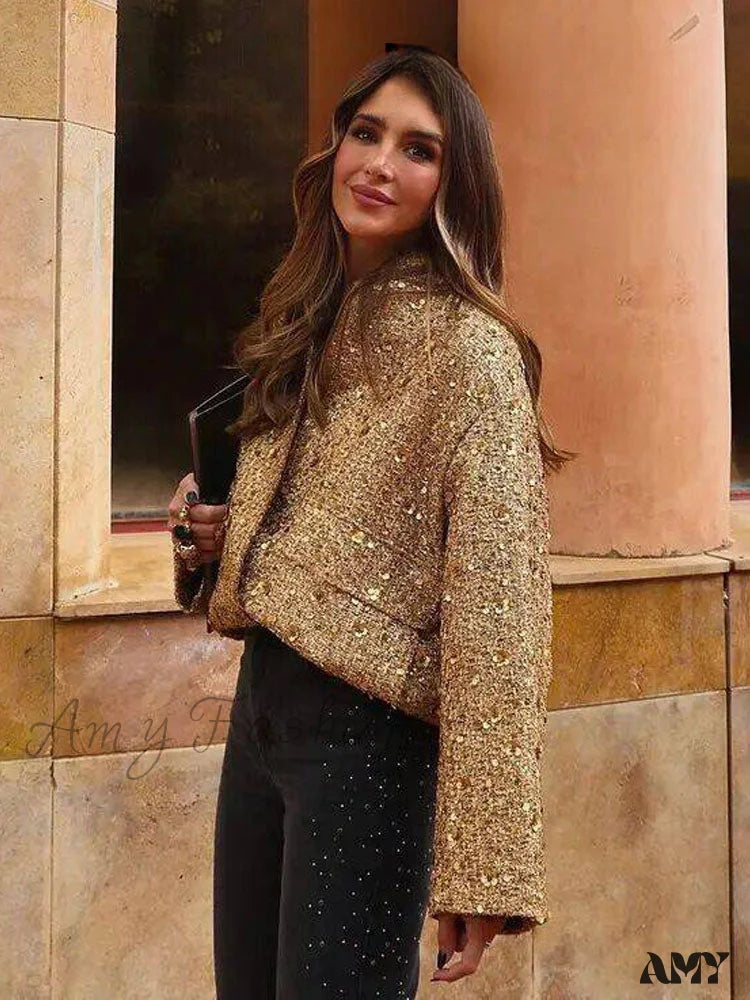 Gold Sequin Decoration Loose Short Versatile Warm Coat 4
