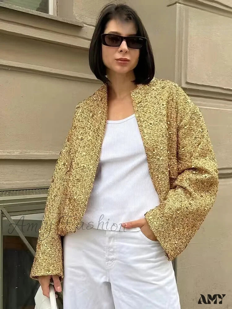 Gold Sequin Decoration Loose Short Versatile Warm Coat 5