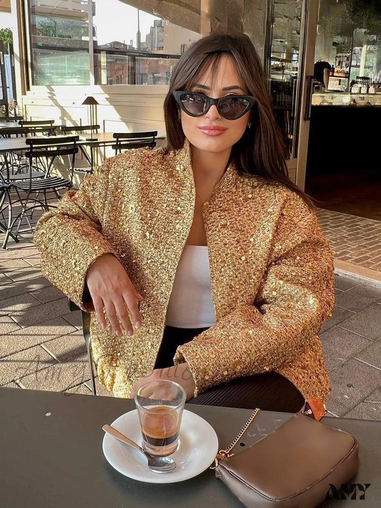Gold Sequin Decoration Loose Short Versatile Warm Coat