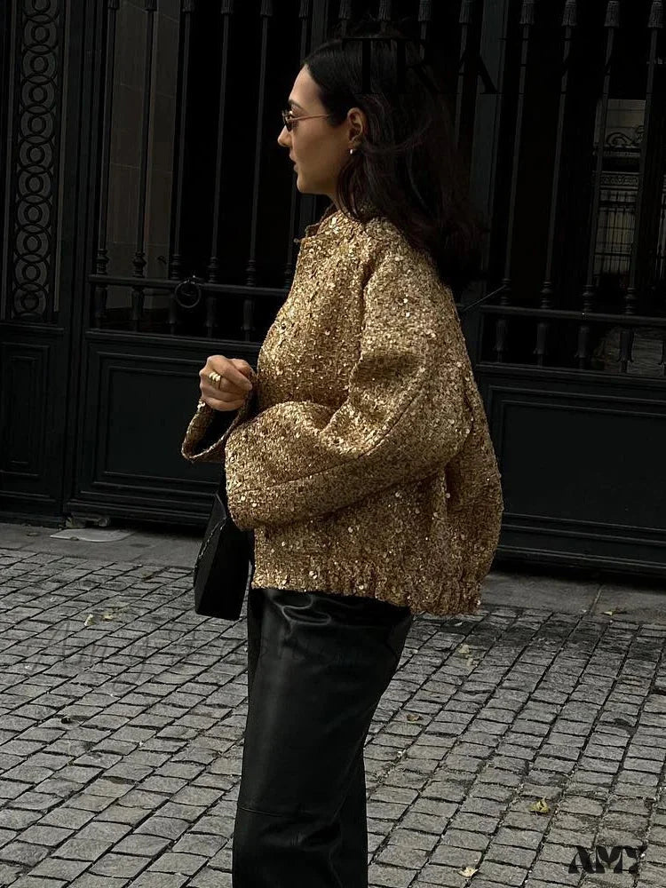 Gold Sequin Decoration Loose Short Versatile Warm Coat 3