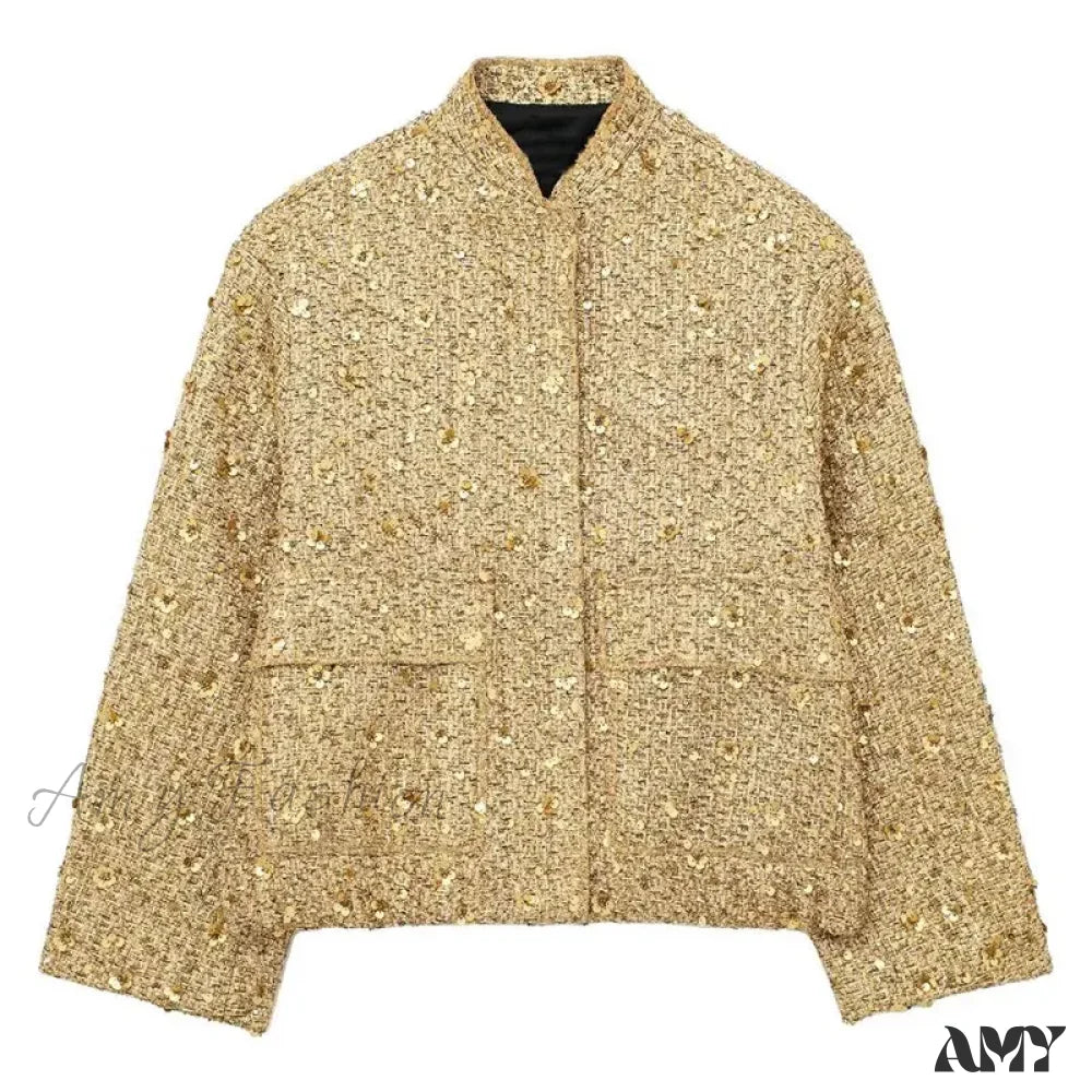Gold Sequin Decoration Loose Short Versatile Warm Coat 6