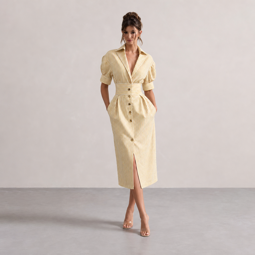 Striped Collared Puff Sleeve Button Front Belted Midi Dress 10
