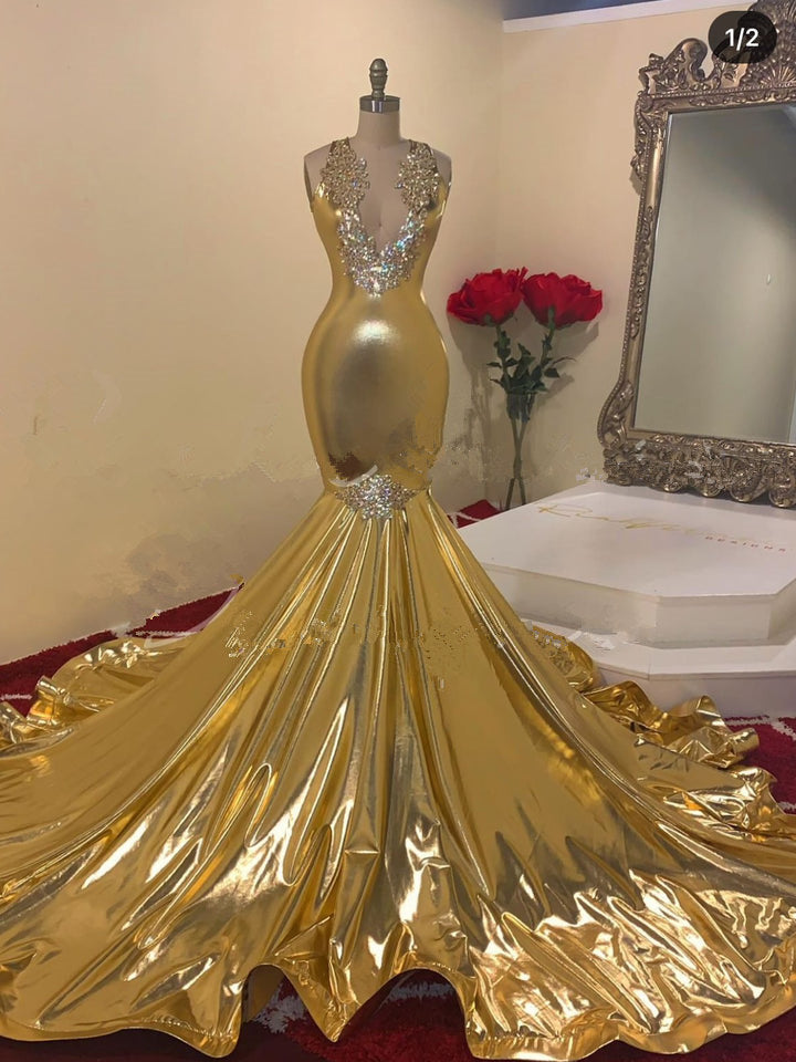 Gold V-Neck Prom Dress Mermaid Sleeveless With Appliques - Fashionpara