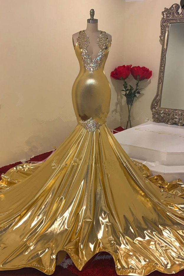Gold V-Neck Prom Dress Mermaid Sleeveless With Appliques - Fashionpara