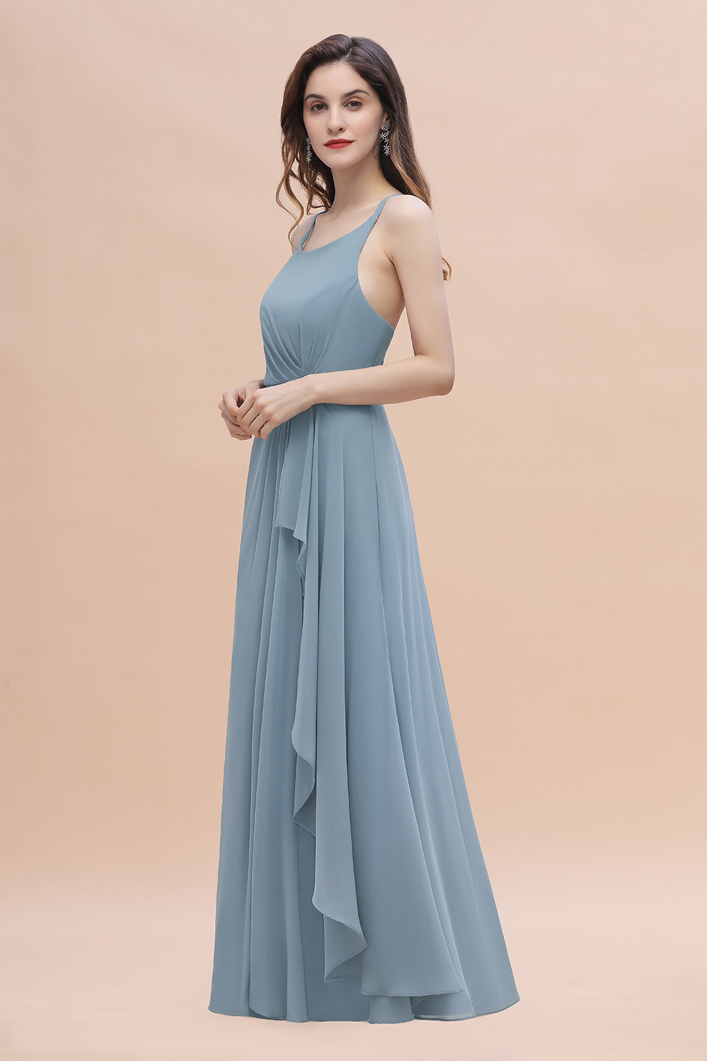 Gorgeous A-Line Straps Dusty Blue Chiffon Bridesmaid Dresses with Ruffles On Sale - Fashionpara