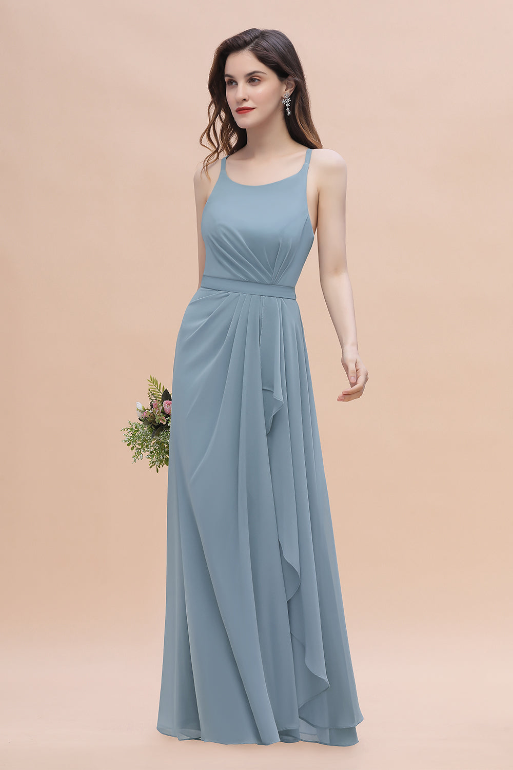 Gorgeous A-Line Straps Dusty Blue Chiffon Bridesmaid Dresses with Ruffles On Sale - Fashionpara