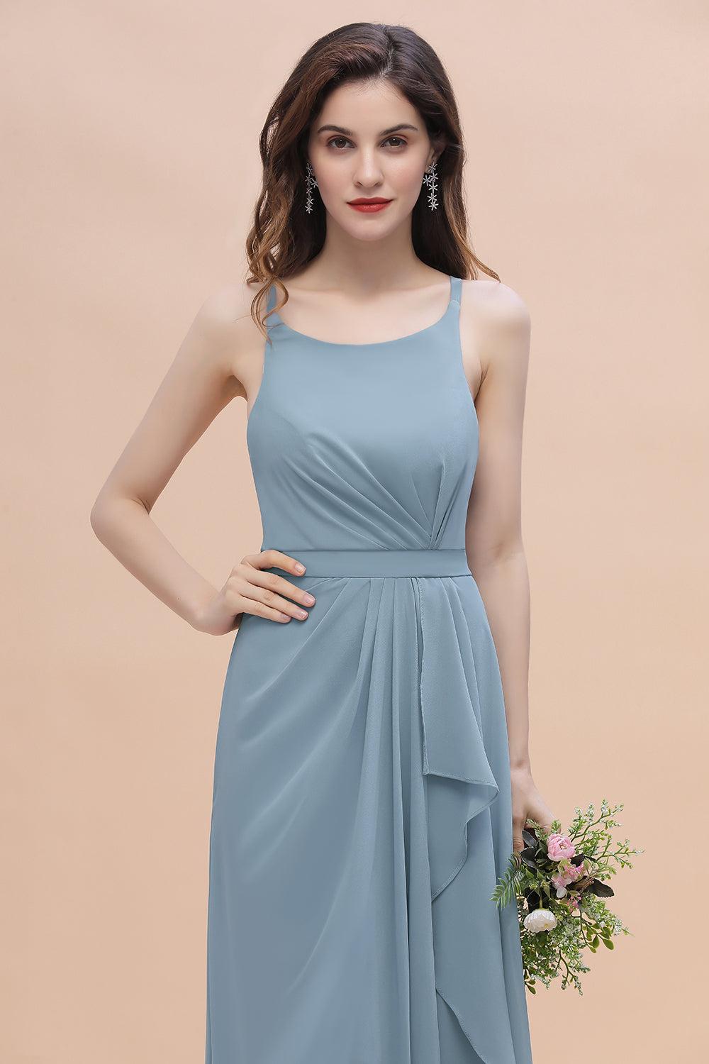 Gorgeous A-Line Straps Dusty Blue Chiffon Bridesmaid Dresses with Ruffles On Sale - Fashionpara