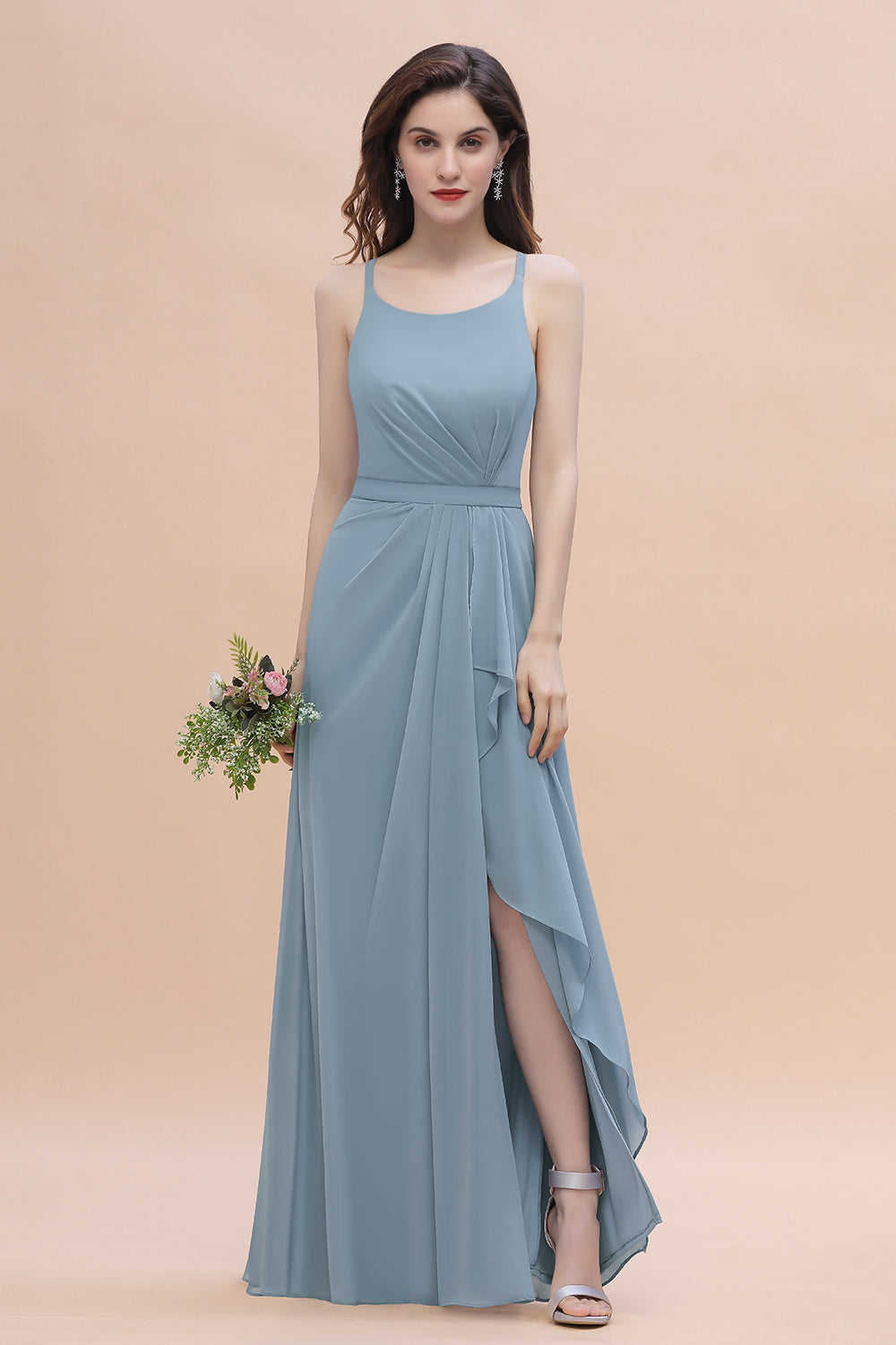 Gorgeous A-Line Straps Dusty Blue Chiffon Bridesmaid Dresses with Ruffles On Sale - Fashionpara