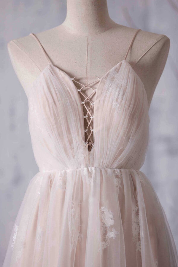 Gorgeous A-line Tulle Lace Wedding Dress Spaghetti Straps Ruffles Bridal Gowns - Fashionpara