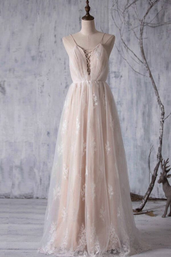 Gorgeous A-line Tulle Lace Wedding Dress Spaghetti Straps Ruffles Bridal Gowns - Fashionpara