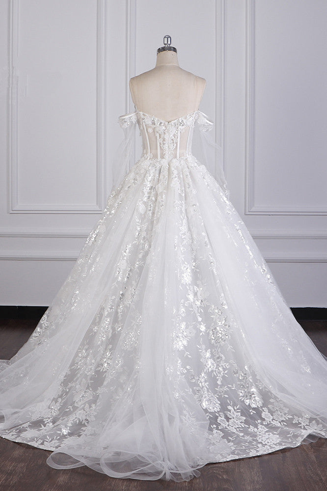 Gorgeous Ball Gown Strapless Tulle Lace Wedding Dress Sleeveless Appliques Sequins Bridal Gowns - Fashionpara