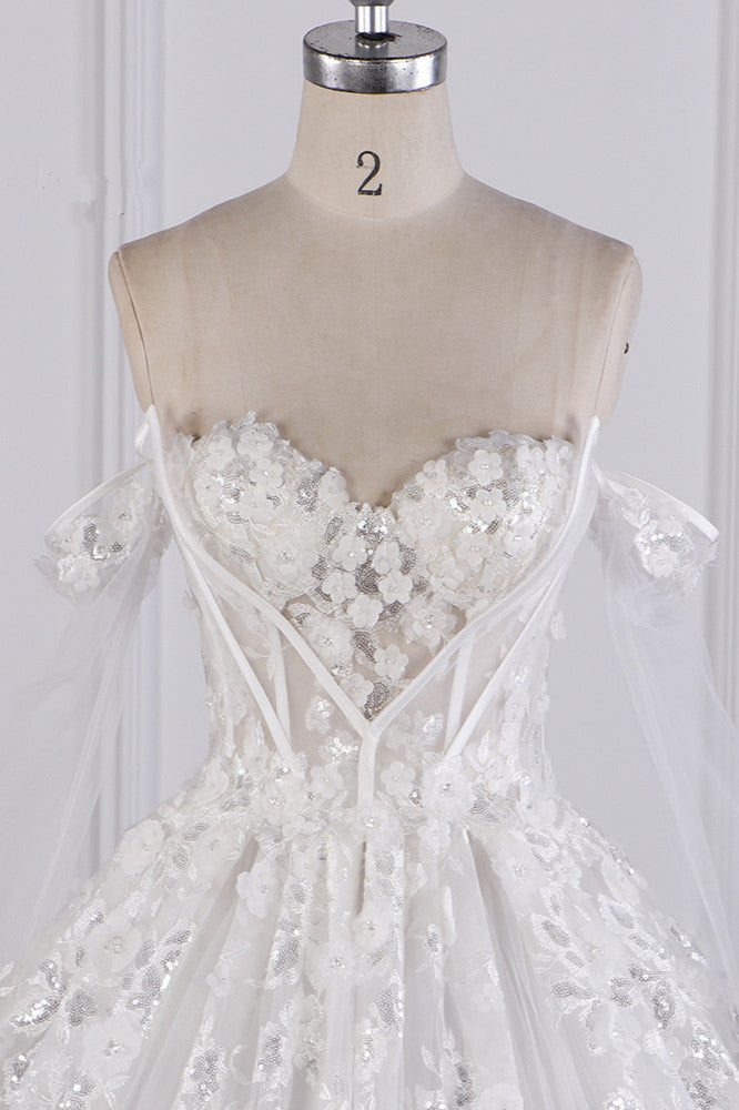 Gorgeous Ball Gown Strapless Tulle Lace Wedding Dress Sleeveless Appliques Sequins Bridal Gowns - Fashionpara