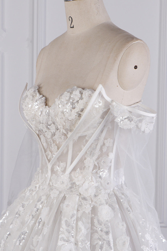 Gorgeous Ball Gown Strapless Tulle Lace Wedding Dress Sleeveless Appliques Sequins Bridal Gowns - Fashionpara
