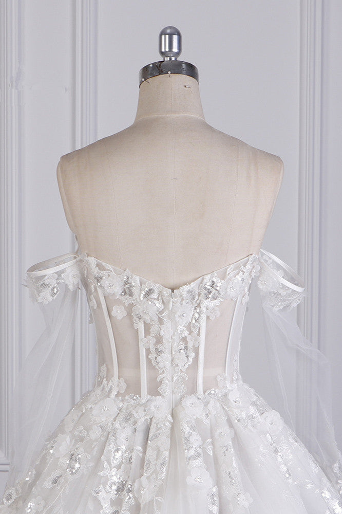 Gorgeous Ball Gown Strapless Tulle Lace Wedding Dress Sleeveless Appliques Sequins Bridal Gowns - Fashionpara