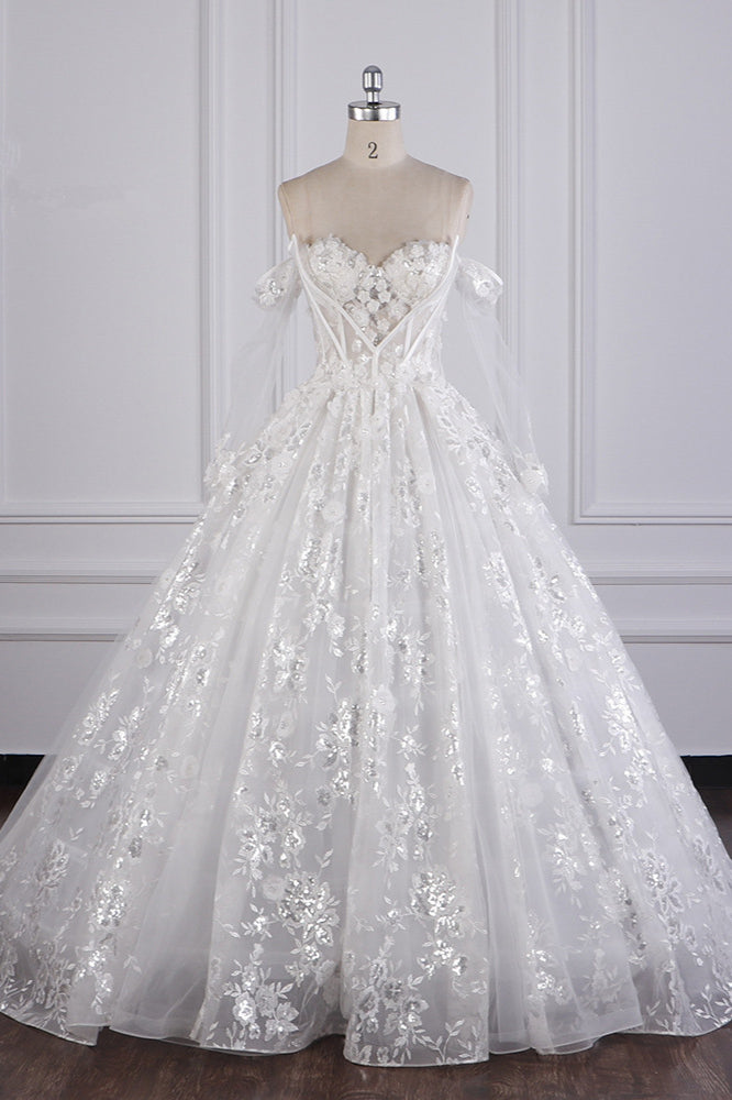 Gorgeous Ball Gown Strapless Tulle Lace Wedding Dress Sleeveless Appliques Sequins Bridal Gowns - Fashionpara
