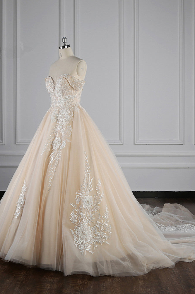 Gorgeous Ball Gown Tulle Lace Wedding Dress Champagne Appliques Off-the-Shoulder Bridal Gowns with Beadings On Sale - Fashionpara