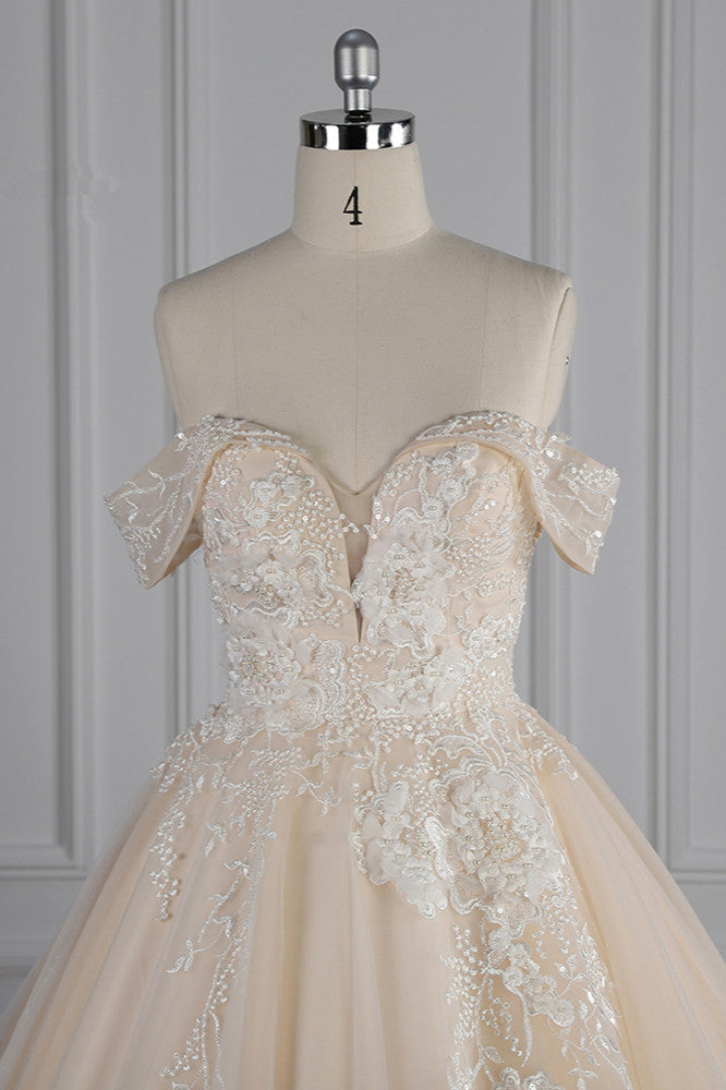 Gorgeous Ball Gown Tulle Lace Wedding Dress Champagne Appliques Off-the-Shoulder Bridal Gowns with Beadings On Sale - Fashionpara