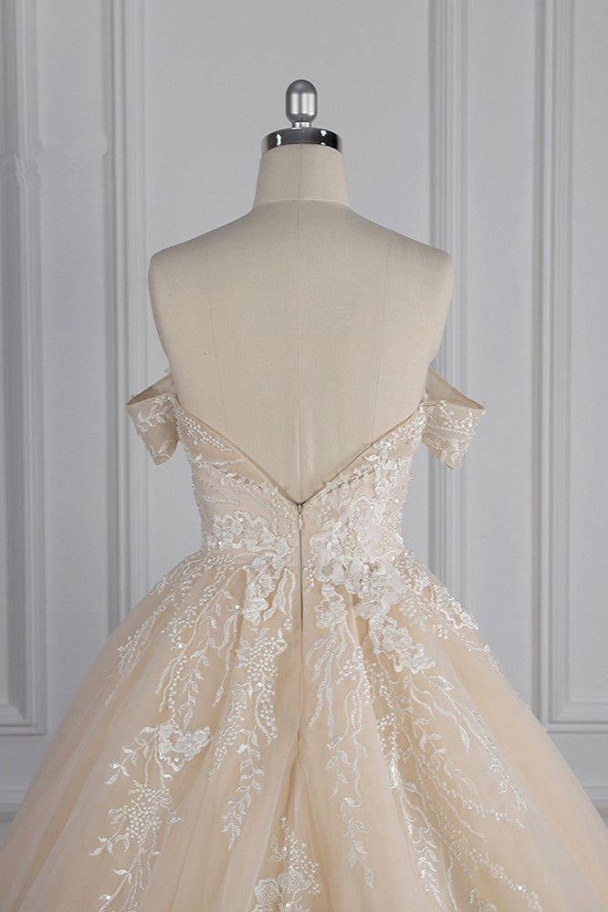 Gorgeous Ball Gown Tulle Lace Wedding Dress Champagne Appliques Off-the-Shoulder Bridal Gowns with Beadings On Sale - Fashionpara