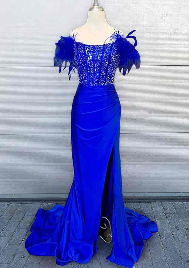 Gorgeous Charmeuse Prom Dress/Evening Dress With Feather Pleated Sequins and Sheath/Column Sweep Train Square Neckline Sleeveless Design - Fashionpara