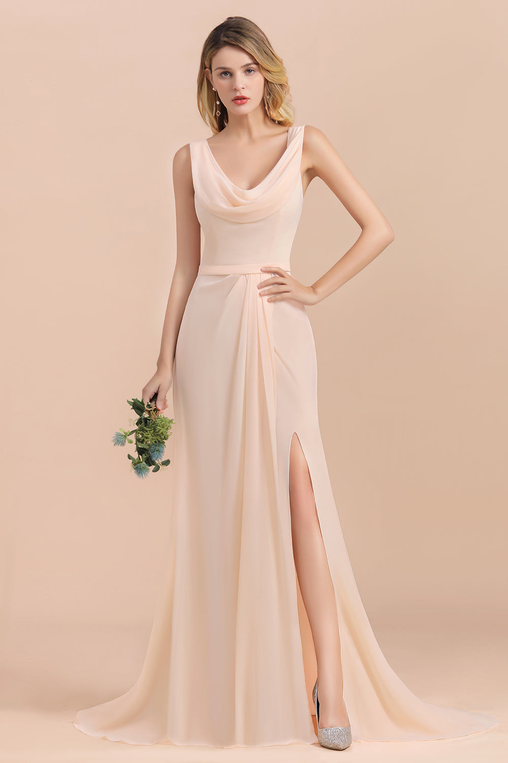 Gorgeous Drapped Neckline Ruffle Chiffon Bridesmaid dresses with Slit - Fashionpara