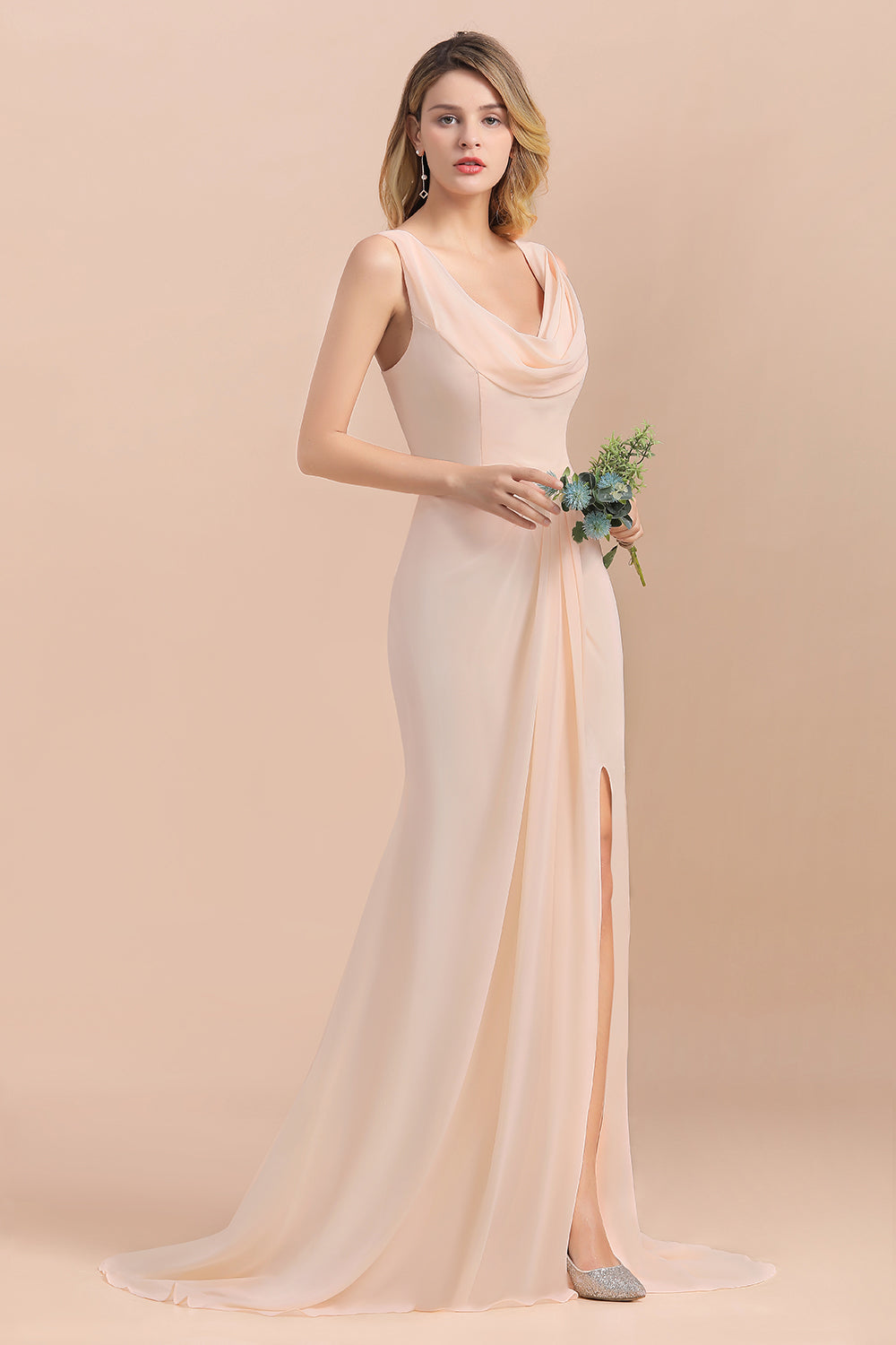 Gorgeous Drapped Neckline Ruffle Chiffon Bridesmaid dresses with Slit - Fashionpara