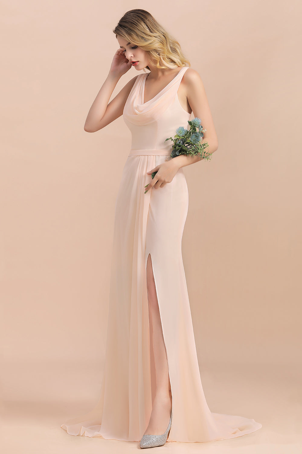 Gorgeous Drapped Neckline Ruffle Chiffon Bridesmaid dresses with Slit - Fashionpara