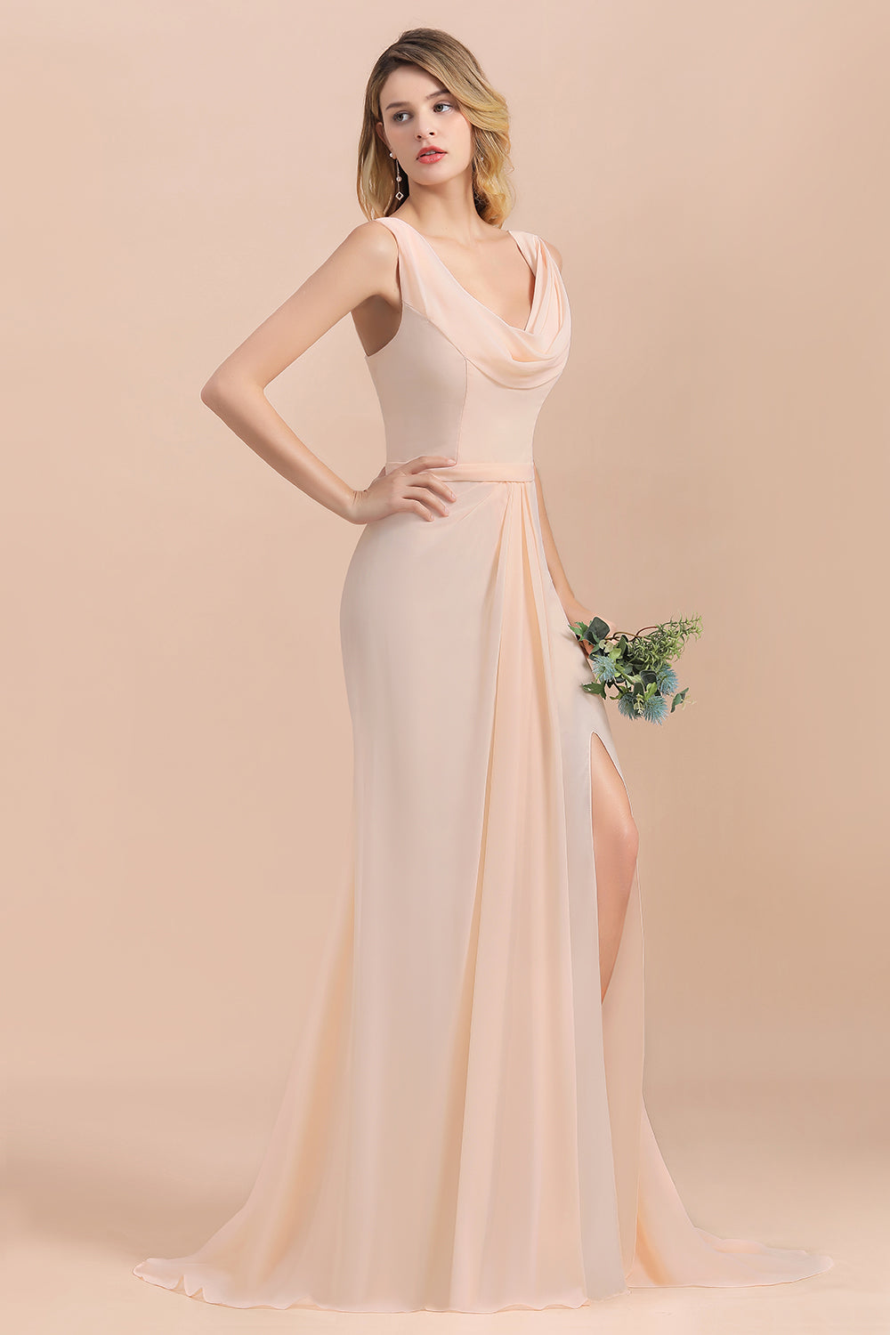 Gorgeous Drapped Neckline Ruffle Chiffon Bridesmaid dresses with Slit - Fashionpara