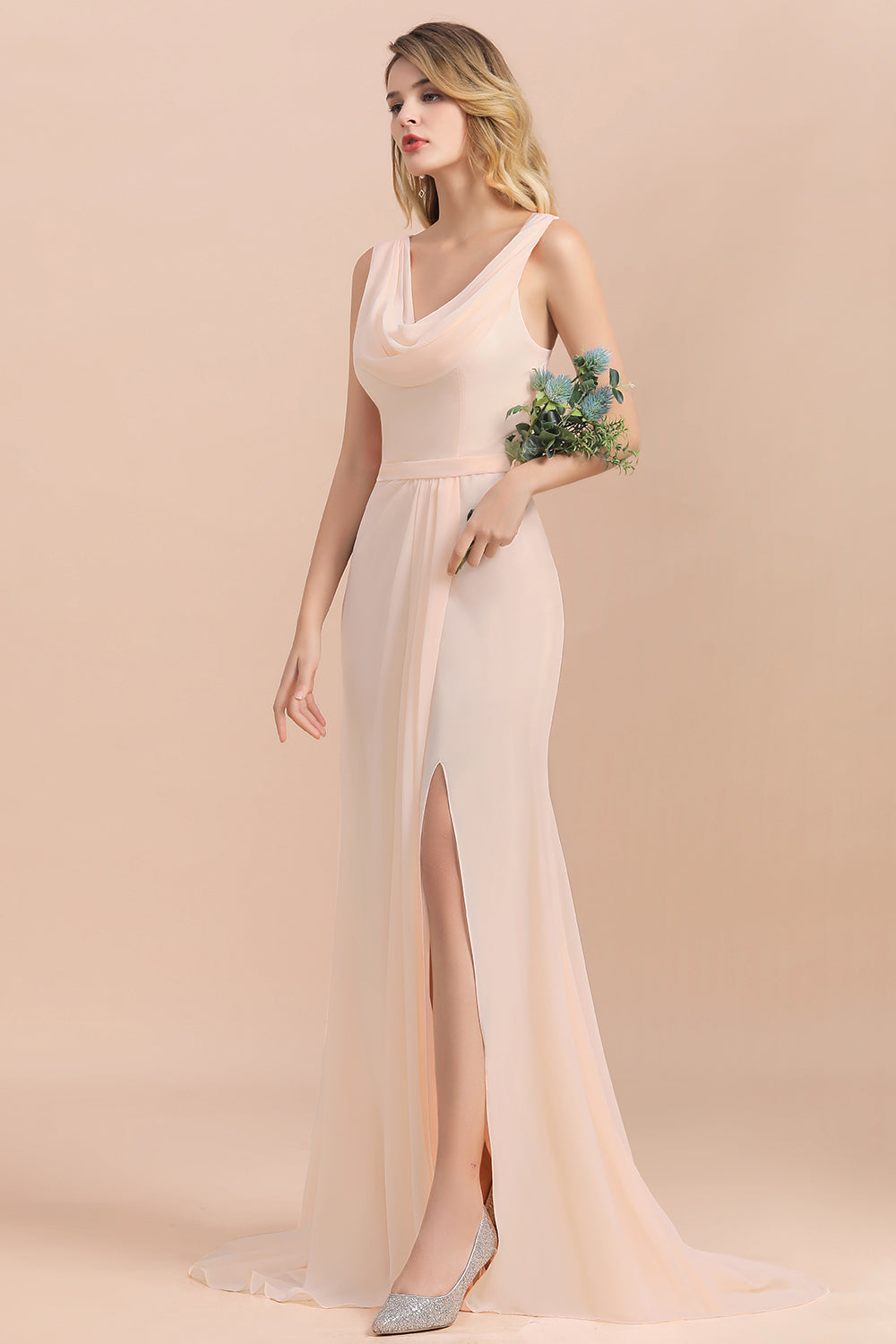 Gorgeous Drapped Neckline Ruffle Chiffon Bridesmaid dresses with Slit - Fashionpara