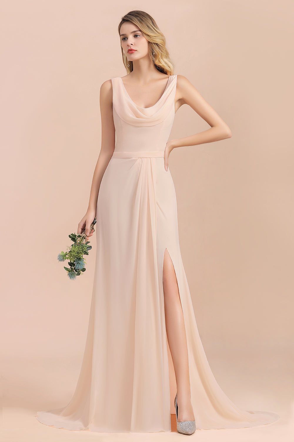 Gorgeous Drapped Neckline Ruffle Chiffon Bridesmaid dresses with Slit - Fashionpara