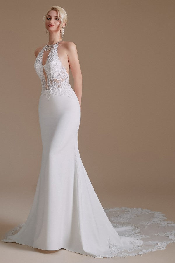 Gorgeous Halter Sleeveless Mermaid Wedding Dress With Appliques - Fashionpara