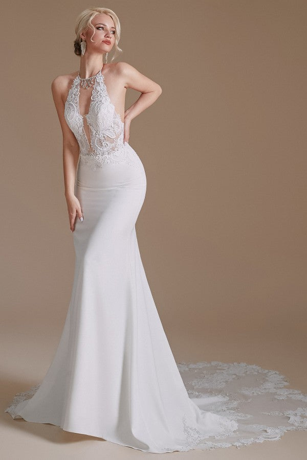 Gorgeous Halter Sleeveless Mermaid Wedding Dress With Appliques - Fashionpara