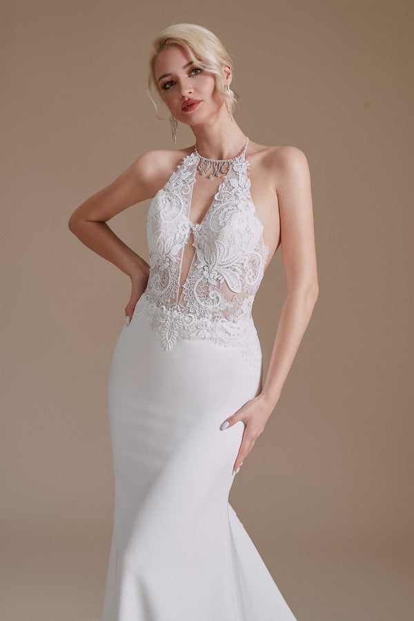 Gorgeous Halter Sleeveless Mermaid Wedding Dress With Appliques - Fashionpara