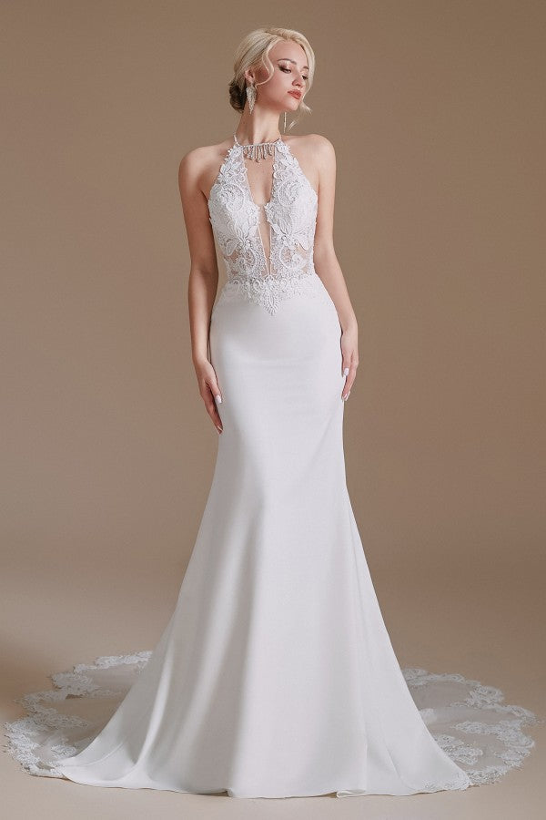 Gorgeous Halter Sleeveless Mermaid Wedding Dress With Appliques - Fashionpara