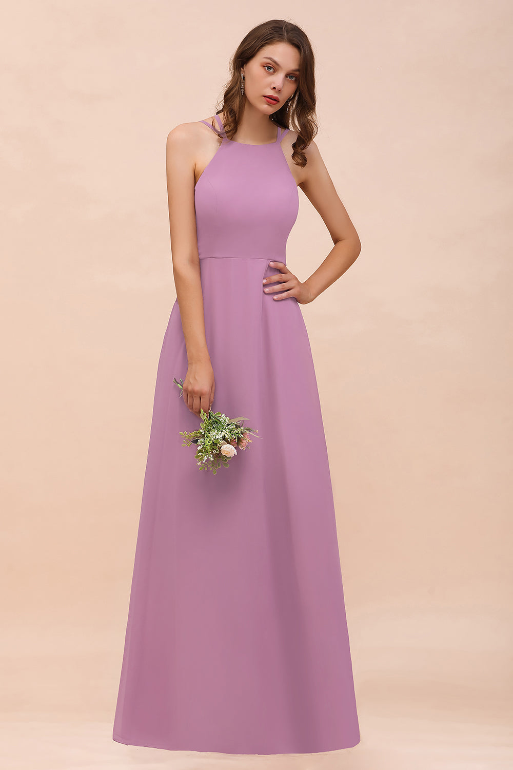 Gorgeous Halter Wisteria Chiffon Bridesmaid dresses with Draped Back - Fashionpara