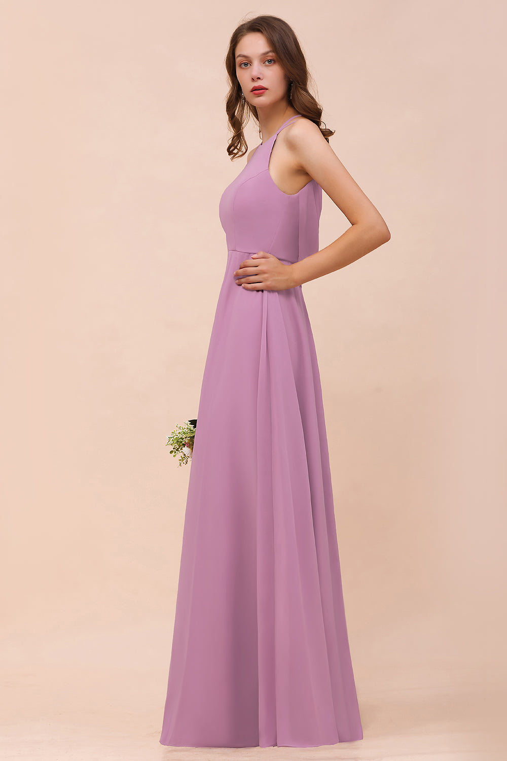 Gorgeous Halter Wisteria Chiffon Bridesmaid dresses with Draped Back - Fashionpara