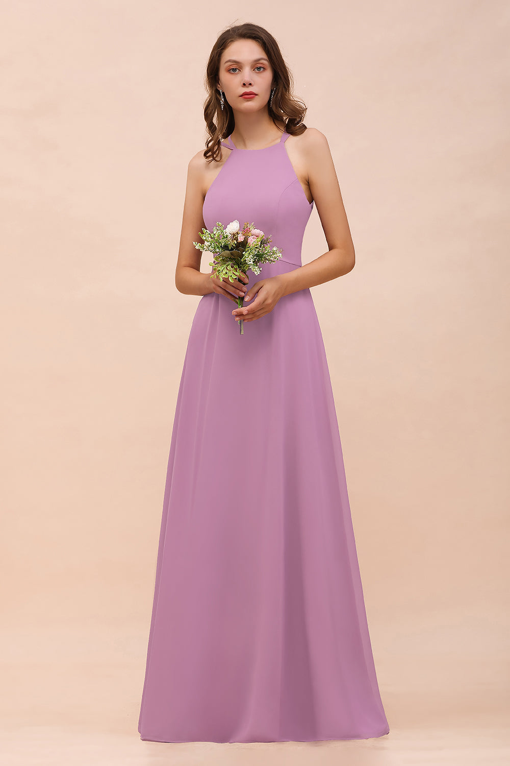 Gorgeous Halter Wisteria Chiffon Bridesmaid dresses with Draped Back - Fashionpara
