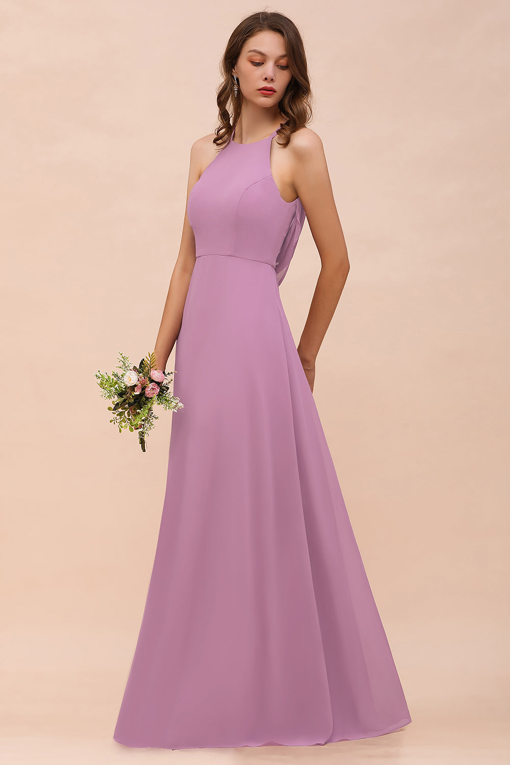 Gorgeous Halter Wisteria Chiffon Bridesmaid dresses with Draped Back - Fashionpara