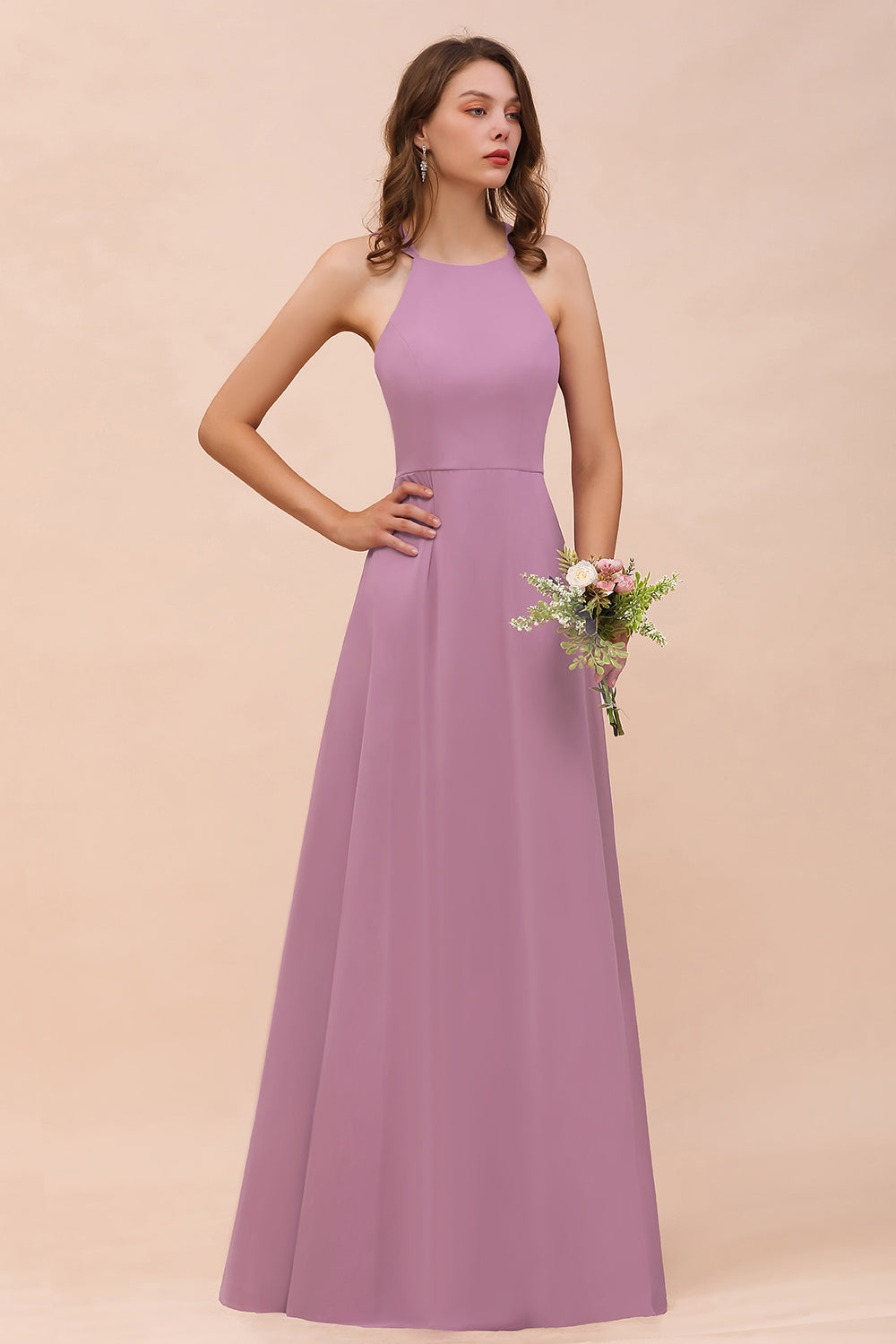 Gorgeous Halter Wisteria Chiffon Bridesmaid dresses with Draped Back - Fashionpara
