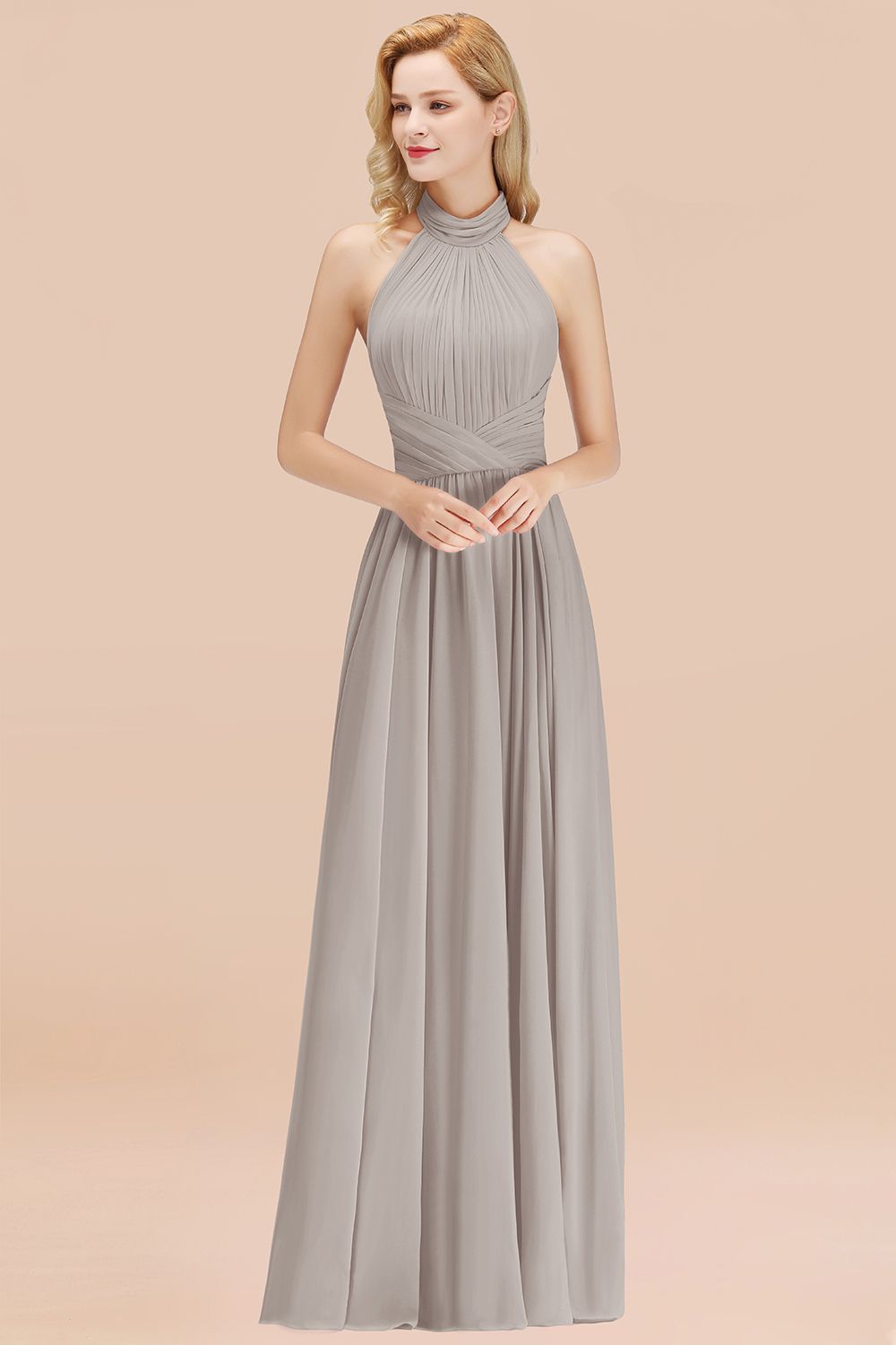 Gorgeous High-Neck Halter Backless Bridesmaid Dresses Dusty Rose Chiffon Maid of Honor Dress - Fashionpara