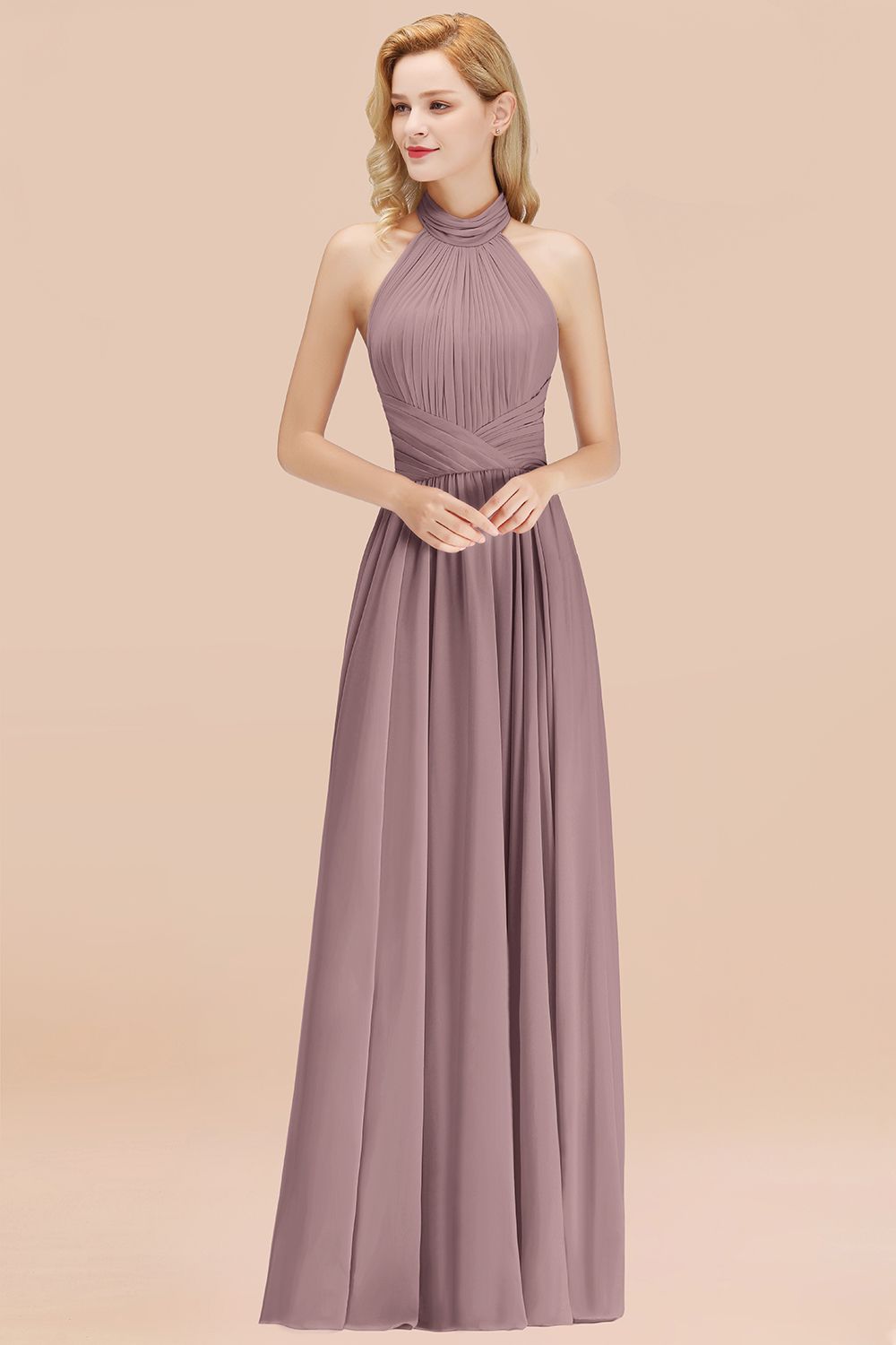 Gorgeous High-Neck Halter Backless Bridesmaid Dresses Dusty Rose Chiffon Maid of Honor Dress