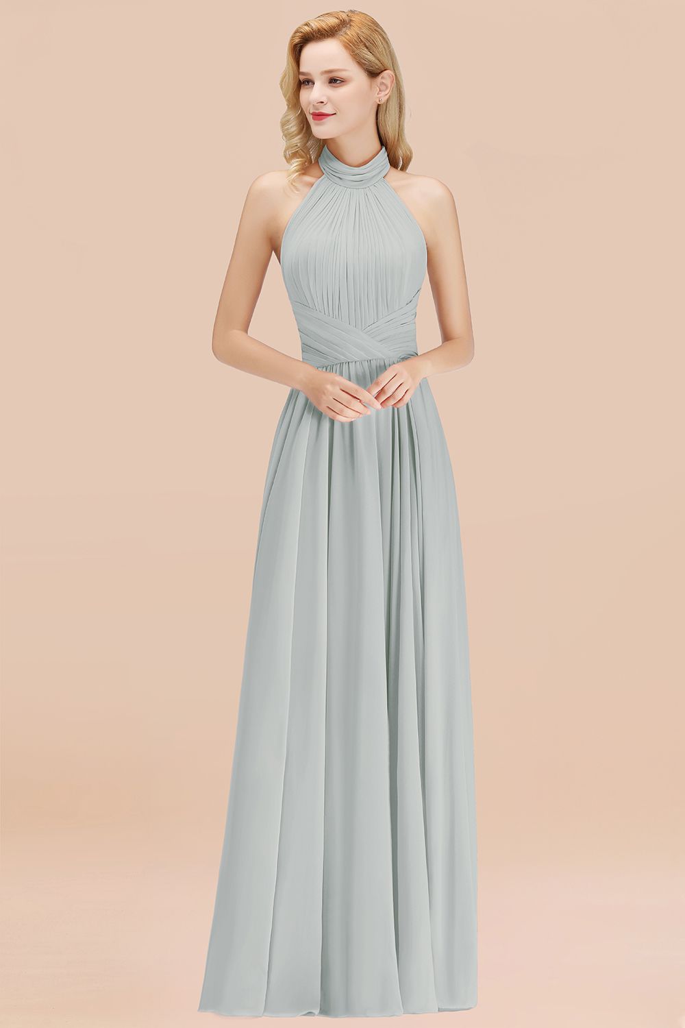 Gorgeous High-Neck Halter Backless Bridesmaid Dresses Dusty Rose Chiffon Maid of Honor Dress