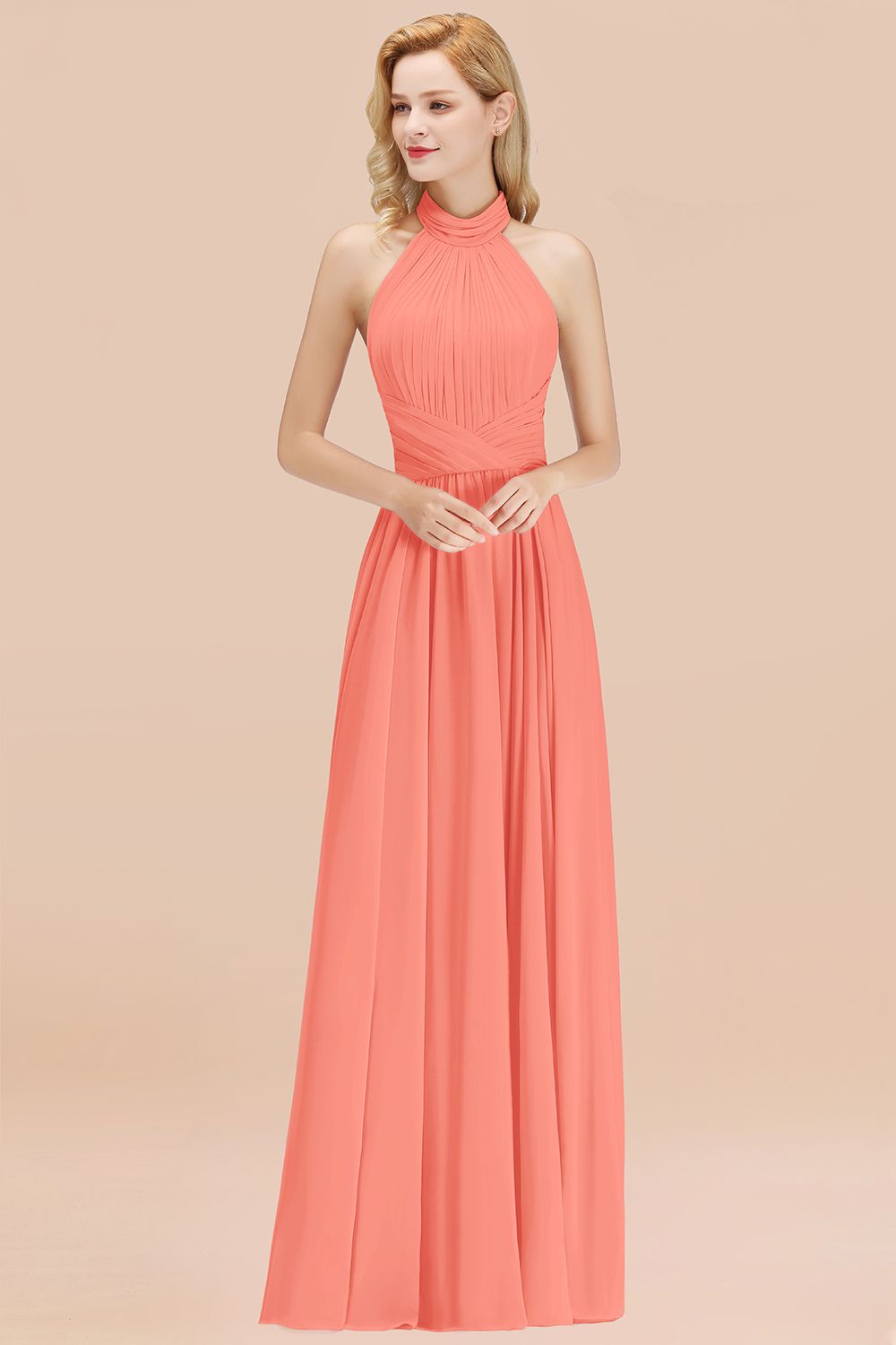 Gorgeous High-Neck Halter Backless Bridesmaid Dresses Dusty Rose Chiffon Maid of Honor Dress