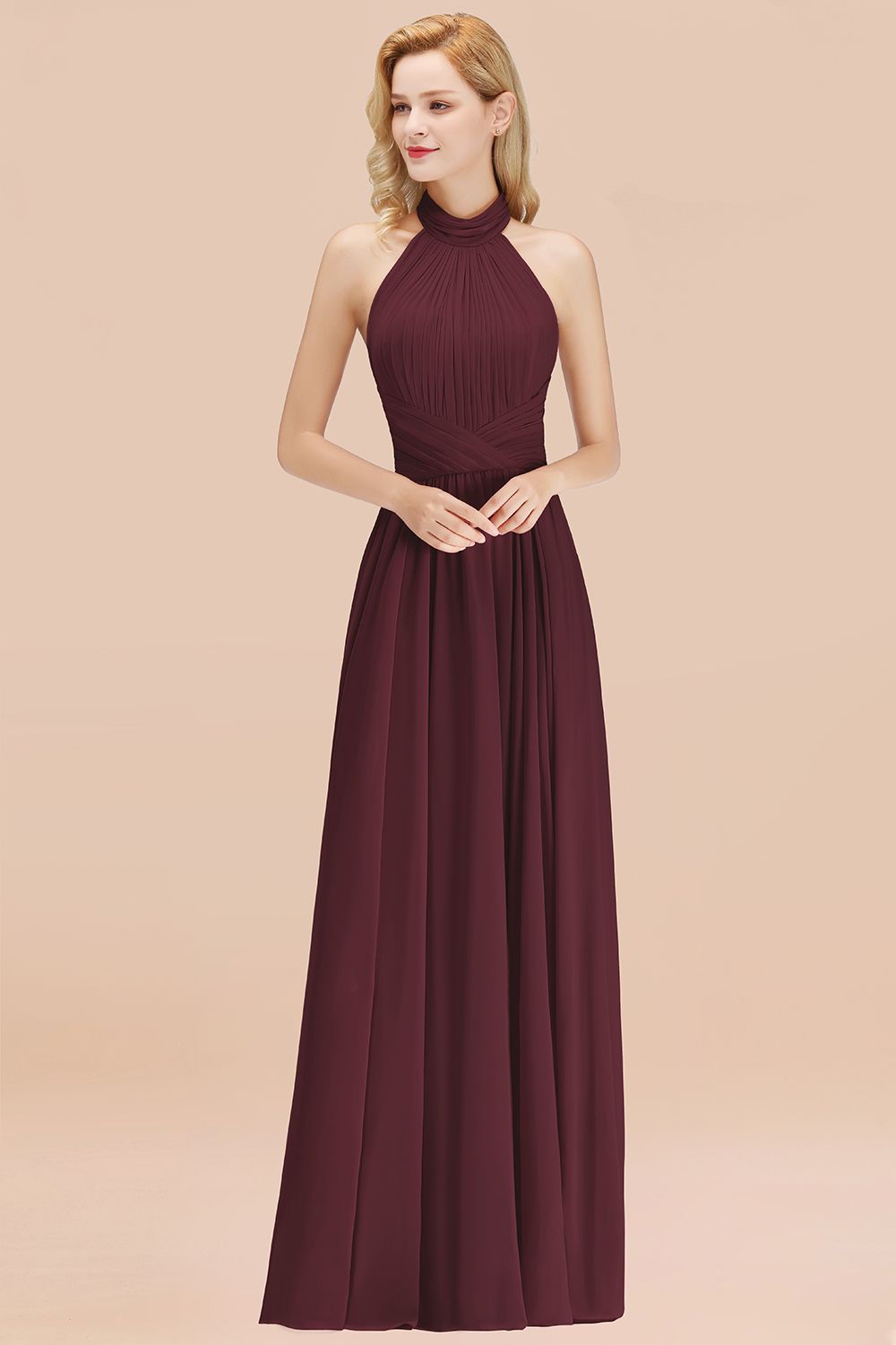 Gorgeous High-Neck Halter Backless Bridesmaid Dresses Dusty Rose Chiffon Maid of Honor Dress